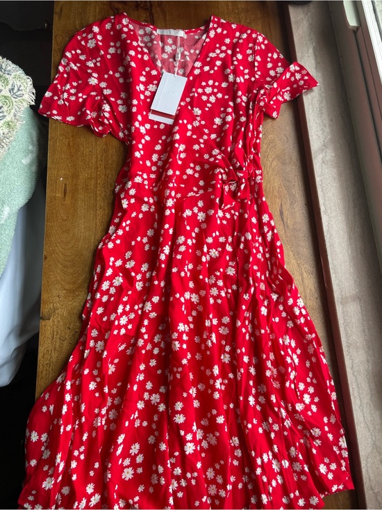 SHEIN Dresses & Skirts - NWT Boutique Red Floral Mini Wrap Dress Modest Summer Dress